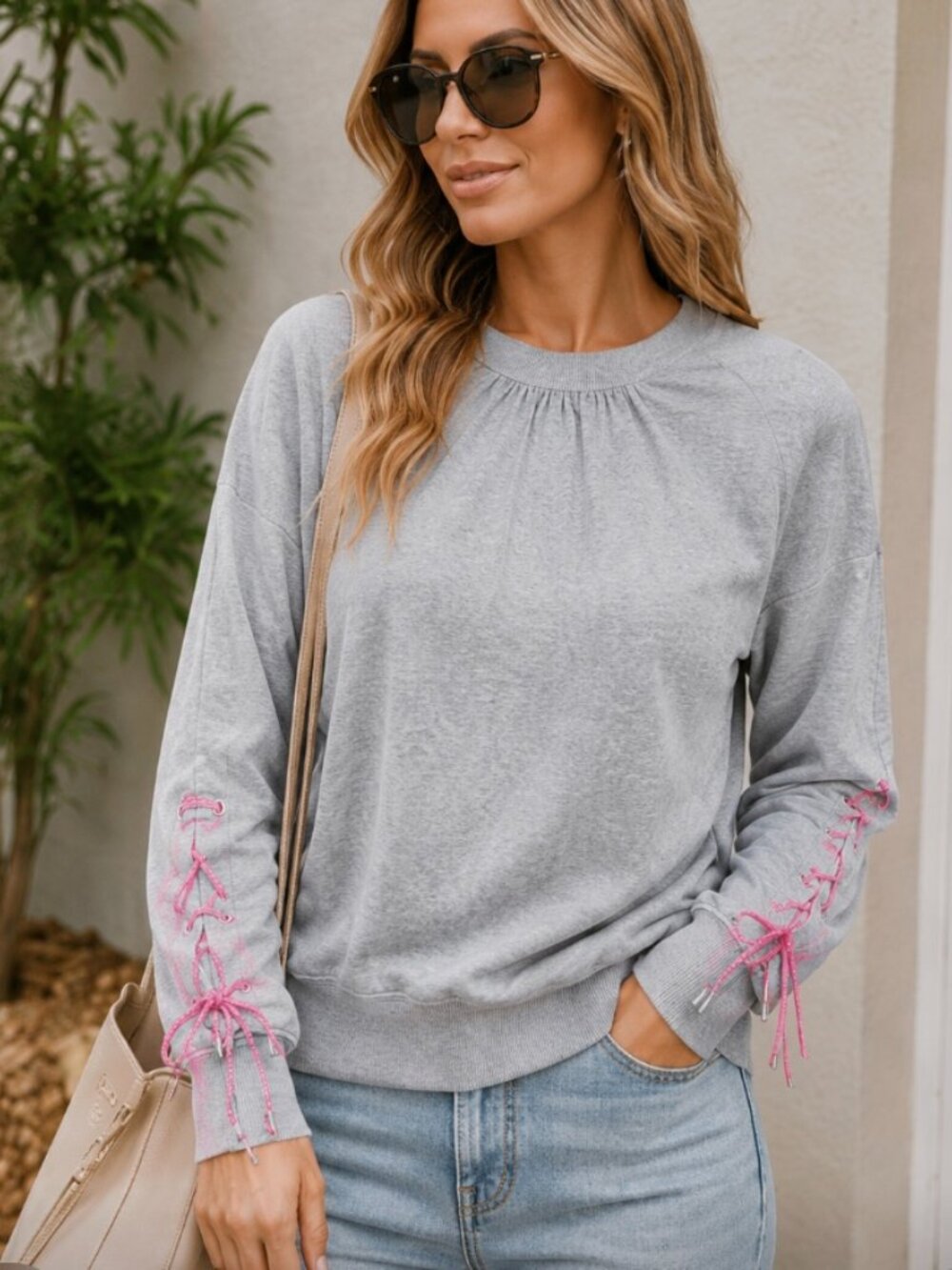 NWT Trina Turk Shaker Sweatshirt Gray Pink Lace Up Sleeve M
